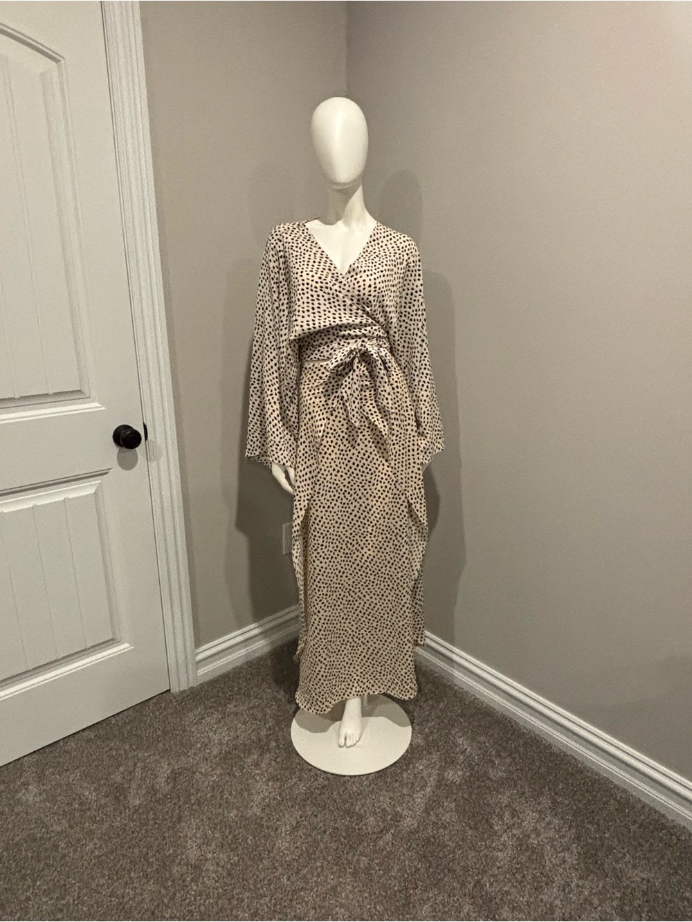 Polka Dot Wrap Kimono Style Two Piece Set in Cream and Black